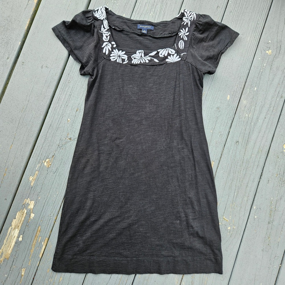 Banana Republic Embroidered Square Neck Mini Dress 100% Cotton Black Womens S